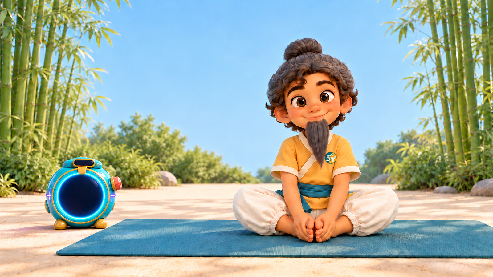 Sy in his sunny bamboo garden, wearing his funny wise-yogi disguise.